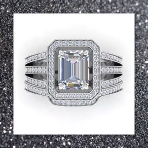 JUST IN🆕 2pc Emerald Cut 925 Silver Ring Set